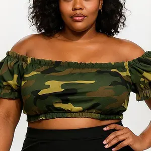 Camouflage print Plus Size Crop-Top in Rayon with Trendy Cropped Design & Elegant Floral Pattern for Stylish Outfits