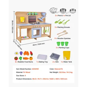 VEVOR Mud Kitchen, Outdoor Mud Kitchen for Kids, Wood Outdoor Play Kitchens with Stoves, Hooks, Double Sinks, Planting Shovels, Spatulas, Cookware Pots and Accessories, Play with Water and Sand