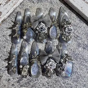 First Love Light Blue Flower Bowknot Luxury Press On Nail