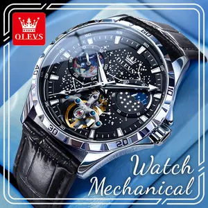 OLEVS 6689 Men’s Automatic Mechanical Skeleton Watch, Premium Open Work Dial with 24-Hour Subdial Indicator, Luminous Hands & Water Resistant, Luxury Business Daily Wear Wrist Accessory for Men