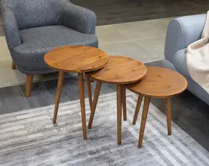 Small Round Nesting Coffee Table - Mid Century Modern Walnut Wood Coffee Table with Tall Indoor Plant Stand