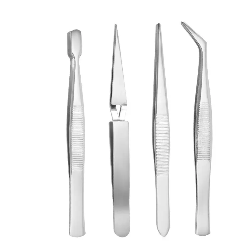 Set of Four Stainless Steel Tweezers, Precision Brow Tweezer, Hair Removal Tools, Smooth Tips, Flat Head, Wide Mouth, Curved Electronic Cleaning Clipper