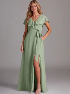 Azazie Lainey A-Line V-Neck Ruffle Pocket Bridesmaid Wedding Guest Formal Dress