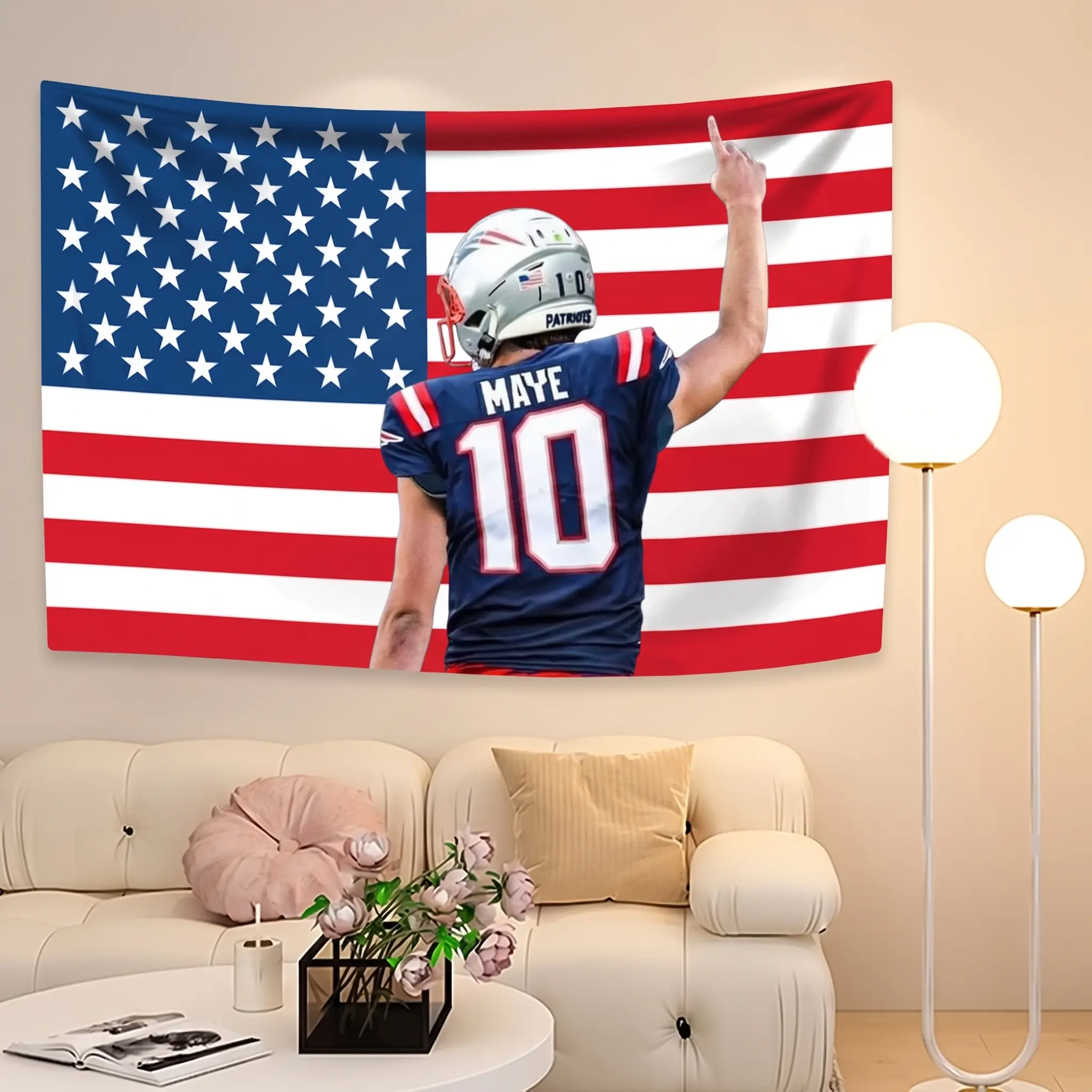 Drake Maye Football Tapestry, New England Game Day Football, Wall Decor