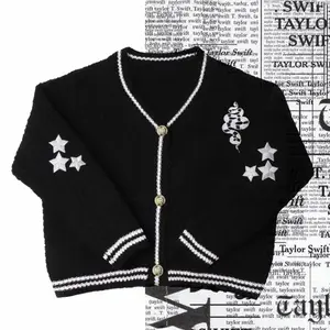 Black knit cardigan with white trim star and snake patches button front cropped varsity style perfect for edgy streetwear or fan-inspired outfits-D230957