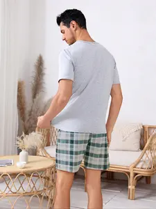 Men's Plaid Print Short Sleeve Tee & Shorts Pajama Set, Regular Fit Casual Comfy Round Neck T-Shirt & Shorts PJ Set, Men's Sleepwear for Summer Loungewear