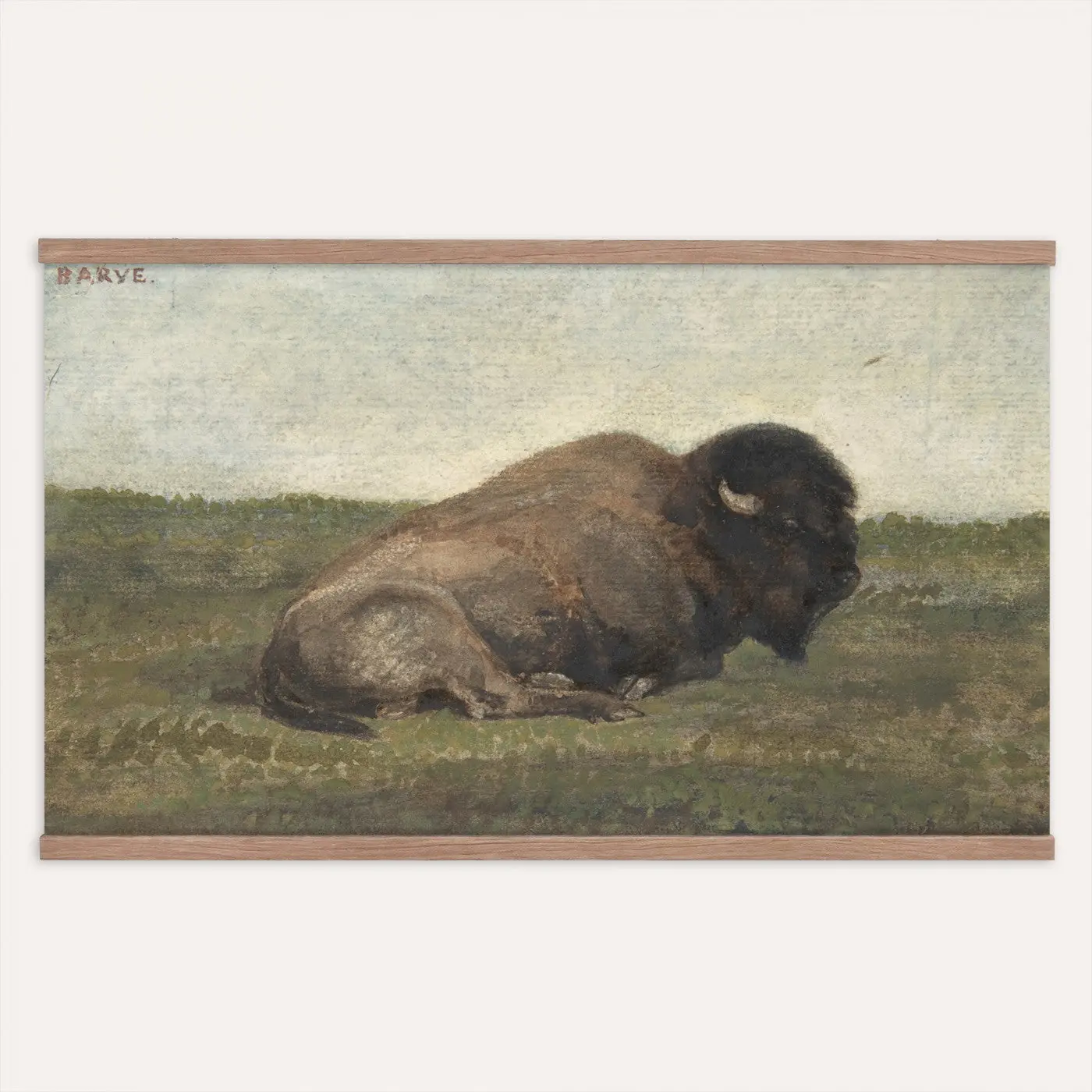 Antoine-Louis Barye Rectangular Rustic Tapestry Wall Art - Realism Design of Lying Down Bison, Extra Large Western Cabin Farmhouse Hanging Artwork, Oil Painting Gift for Him