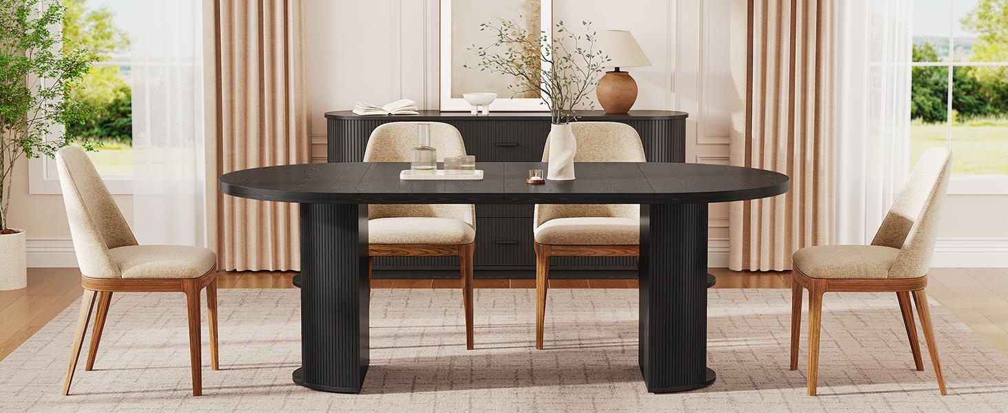 【BackToSchool】ONBRILL 41-78 Inch Extendable Dining Table for 4-8, Gorgeous Fluted Expandable Kitchen Table with Storage, 2 Leaf, Mid Century Modern Oval Dinner Tables for Dining Room, Kitchen, Living Room BackToSchool