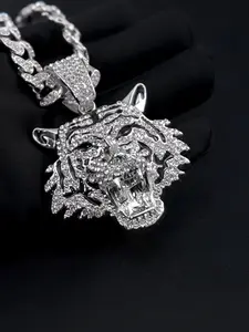 Hiphop Style Tiger Head Cuban Chain Pendant Necklace, Alloy Chain with Zircon Gemstones, Street Fashion Art Jewelry for Party and Casual Wear