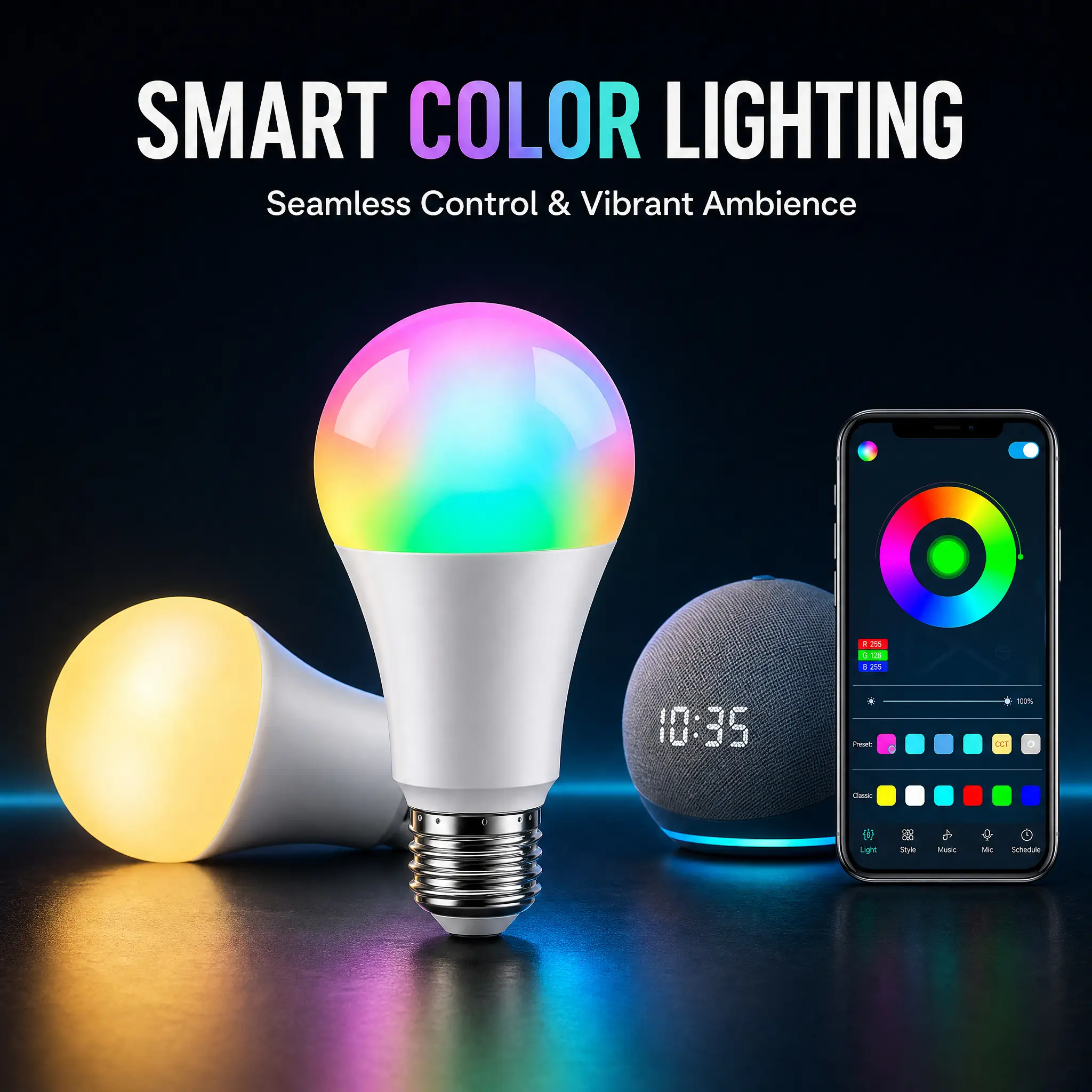 RGB Smart Bulb Compatible with Alexa Google Home, 64 Scene Presets, Music Sync LED Light, Phone APP & Remote Control, Multi Color Light Effects, Home Decoration Smart Gadget