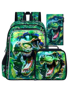3Pcs Boys Backpack, 16" Dinosaur Bookbag for Elementary Preschool Kindergarten, Dino Kids School Backpacks with Lunch Box(Green)