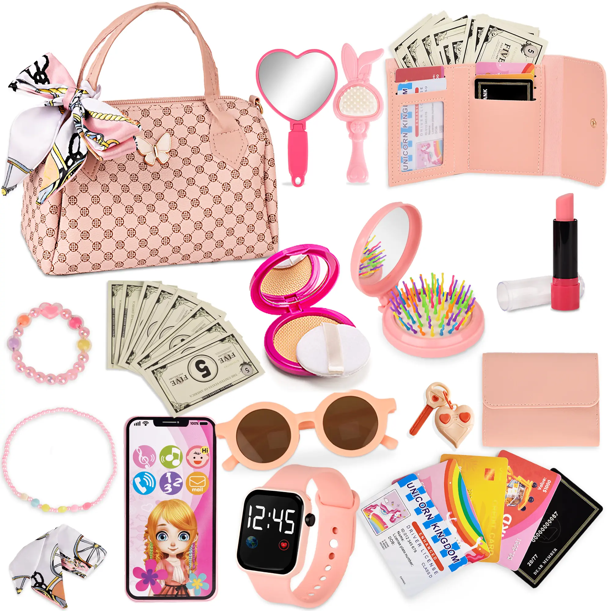 Princess Playset for Girls Stylish Makeup Kit with Handbag Phone Wallet Fake Cosmetics Perfect Gift for Kids Aged 3+ summerwins