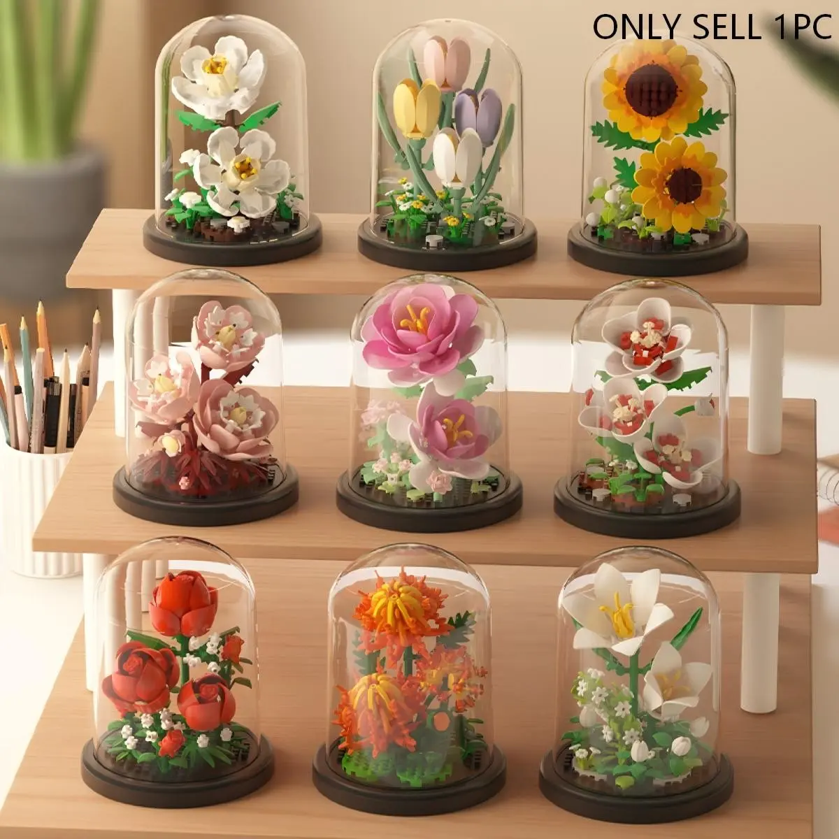 Mini Flower Building Blocks, Building Block Model, 9counts/set Creative Flower Blocks, Rose Building Blocks with Dust Cover, DIY Creative Assembly Toy for Teenager & Adults, Building Block Sets
