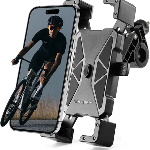 ROCKBROS Silicone Durable Cellphone Holder - 4-point Clamp Hold, Anti-shake TPU & ABS Shockproof Protection, 360° Adjustable Accessory for 4.7"-7" Phones, Bike & Motorcycle Use, Fits iPhone 16/15 Pro Max/Plus, Samsung S9/S10