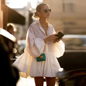 Mini Shirt Dress, Puff Sleeves, Buttons, Solid Color, Lapel Casual Women's Summer Leisure Wear Basic Comfortable Ladies Simple Short Long Sleeve Shirt Dress Suitable for Dating, Daily Leisure, Party
