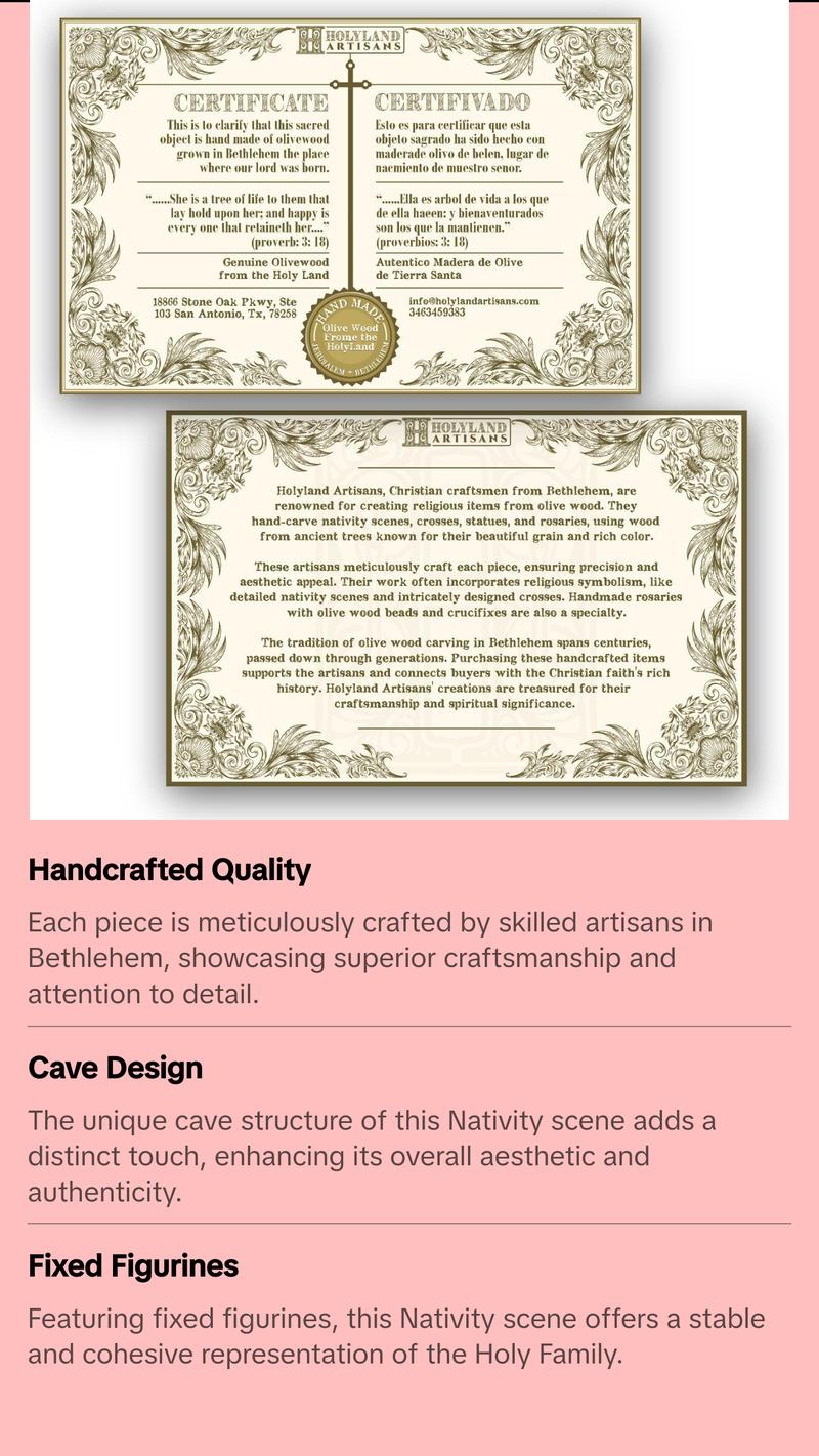 Olive Wood Nativity Scene_ Carved Cave with Fixed Figurines Decor Religious Olive Wood Nativity Scene_ Carved Cave with Fixed Figurines Decor Religious