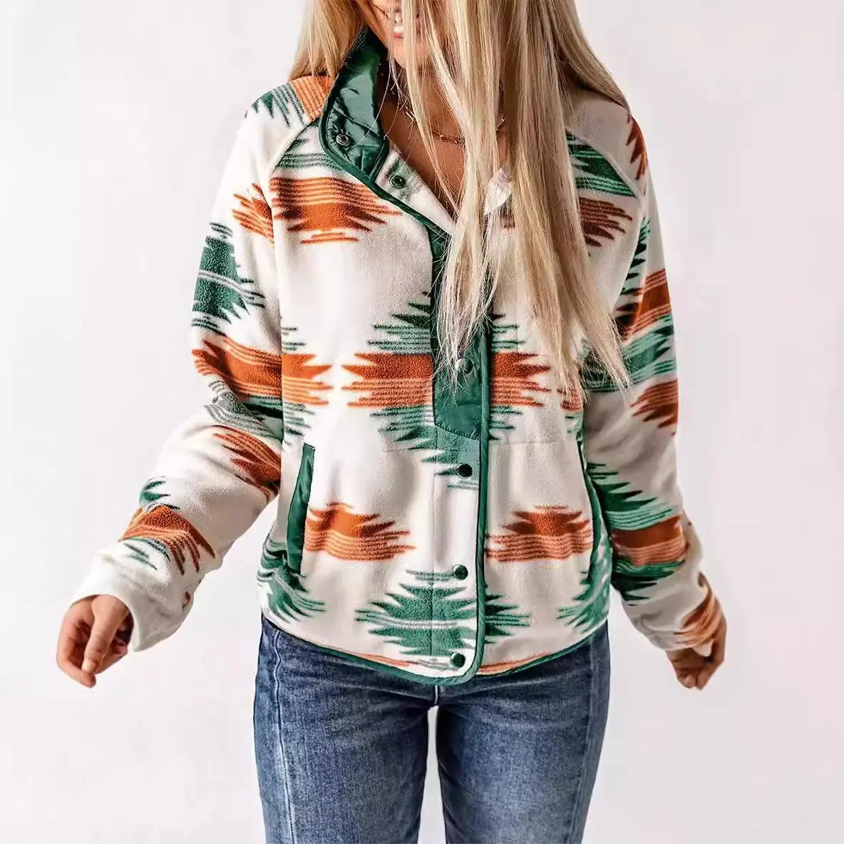 Womens Fleece Jacket Western Aztec Print Long Sleeve Snap Button Down Shacket Jackets with Pockets