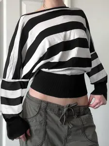 Men's Streetwear Street Style Striped Colorblock Slim-Fit Long Sleeve Batwing Sleeve Round Neck Fall Winter Casual Top