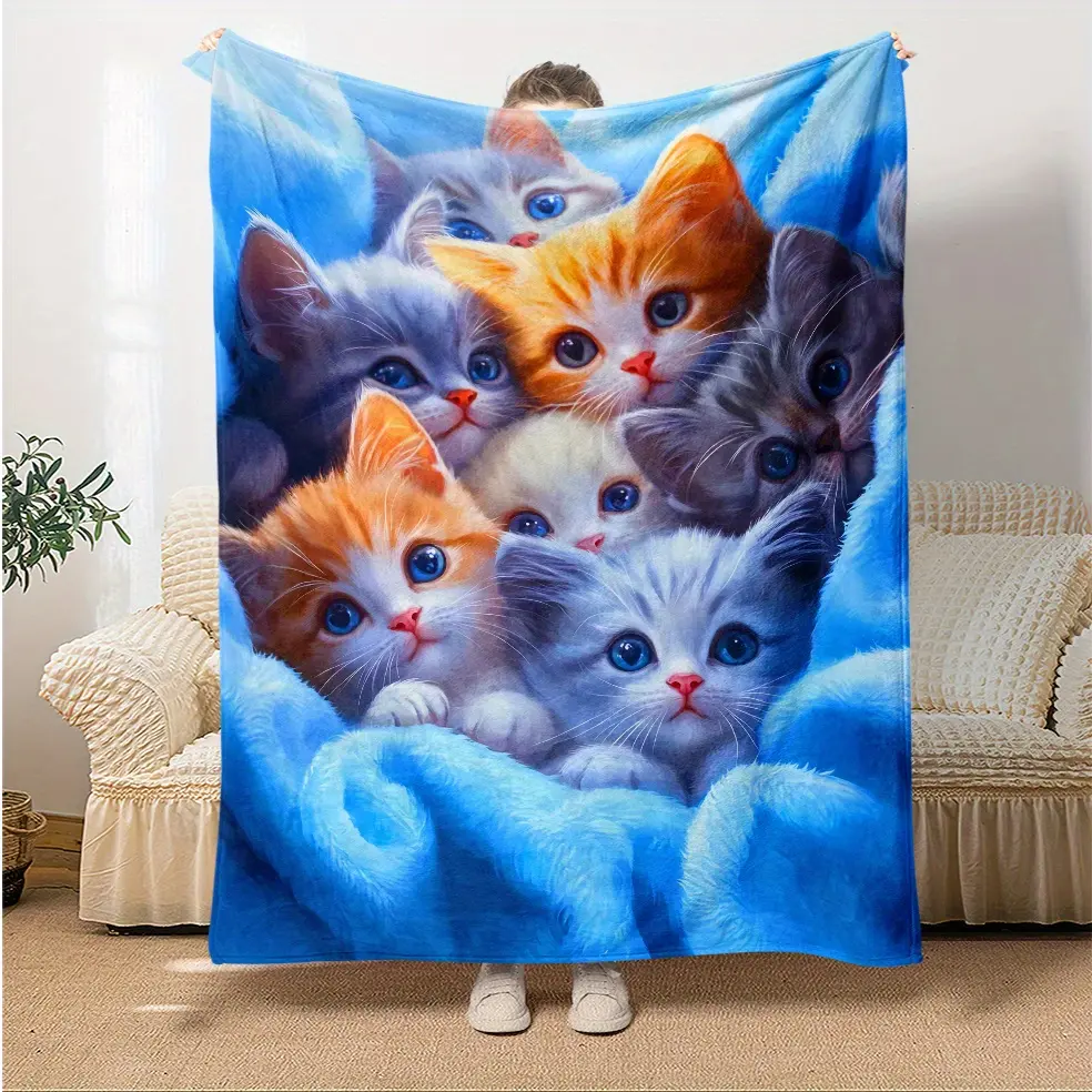 Kitten Print Plush Fleece Blanket - Classic, Soft, Breathable, Wrinkle Resistant, Stain Resistant, High-Definition Blue-Eyed Cat Design, Multi-Size, Ultra-Warm, Ideal for Travel & Lounging, Cat Enthusiast Gift, All-Season Bedding Throw, Travel & Lounge