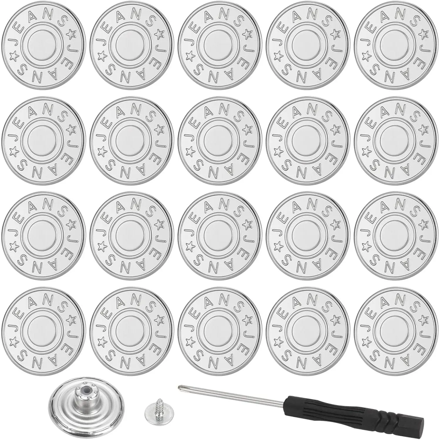20 Sets of 20mm Button for Sewing Metal Jeans, No-Sew Nailess Removable Metal Jeans Buttons Replacement Repair Combo Thread Rivets and Screwdrivers( Colours)