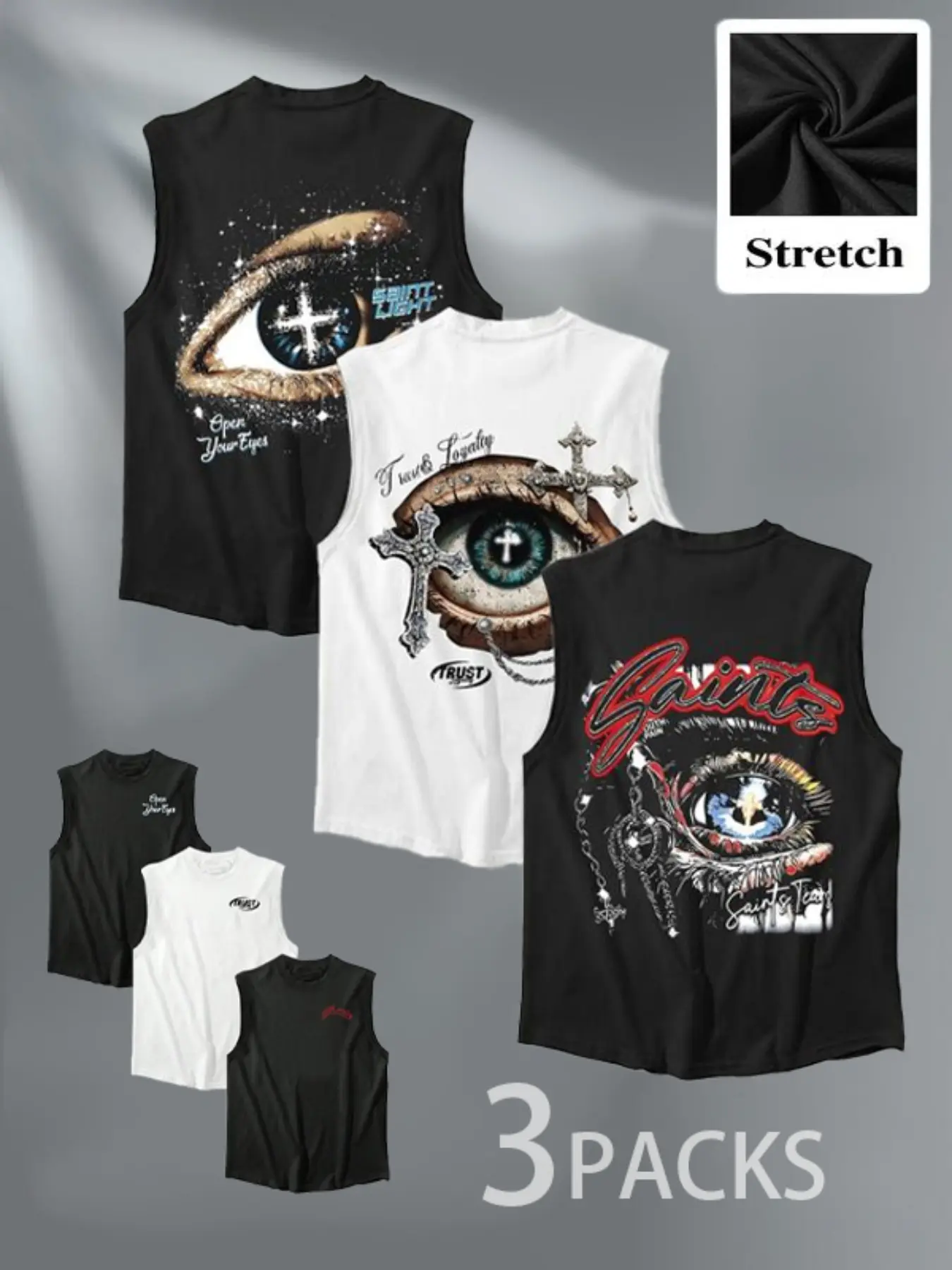 Trendy Dark Religion Sleeveless Vest, Saint Eye & Slogan Print, Durable Fabric, Loose Fit, Sporty Style, All Seasons Wear