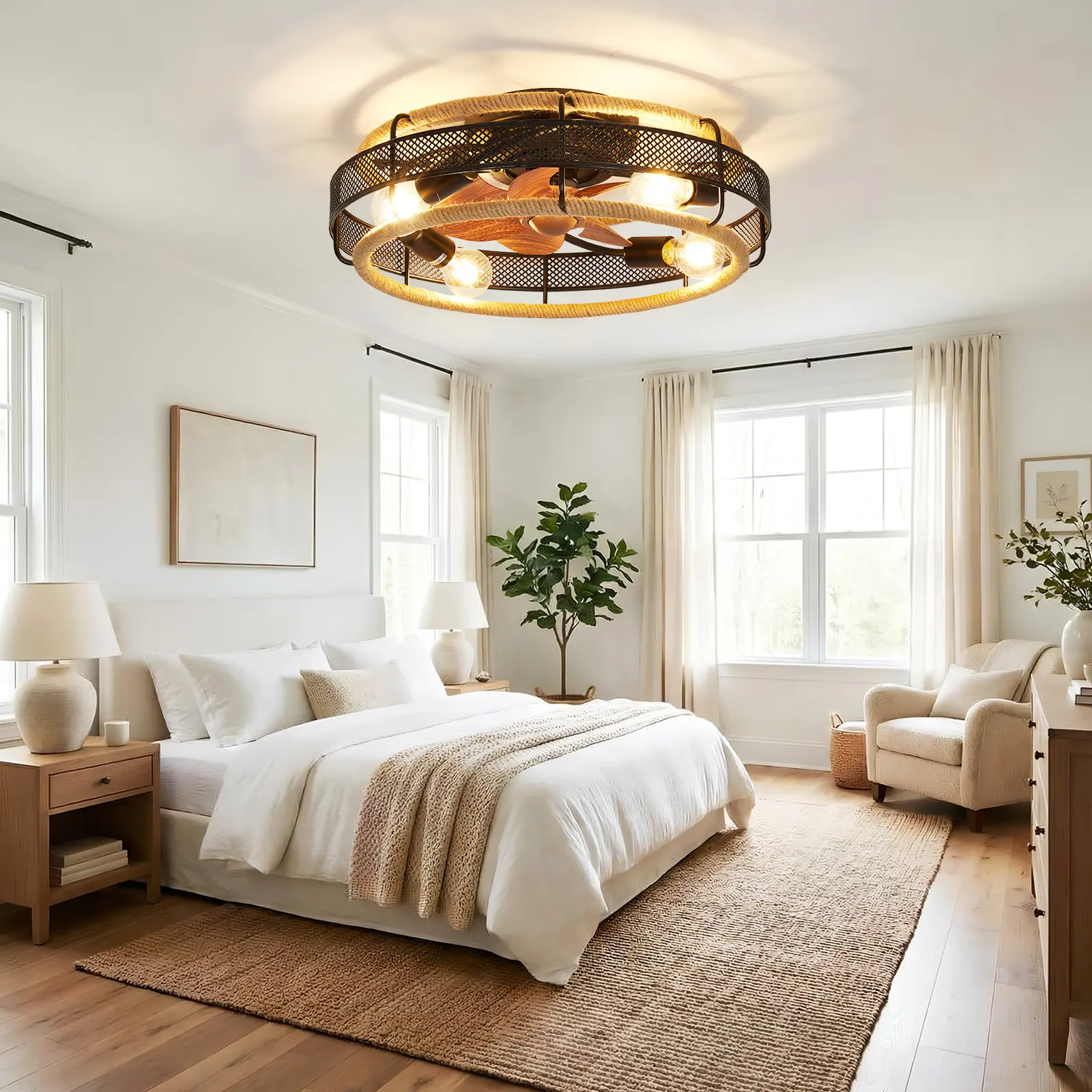 20.5" Farmhouse Rattan Caged Ceiling Fan Light, Flush Mount Enclosed Design, 6 Speeds with Remote, Low Profile for Bedroom, Living Room & Kitchen