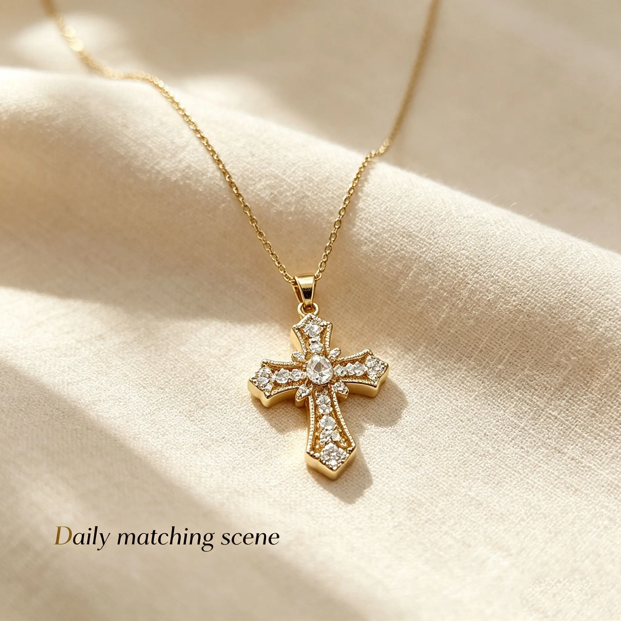 Gold Plated Titanium Steel Cross Necklace for Women, Vintage Hollow Border Inlaid Cubic Zirconia Cross Pendant, Adjustable Thin O Link Chain Hypoallergenic Faith Jewelry, Birthday Anniversary Gift for Her