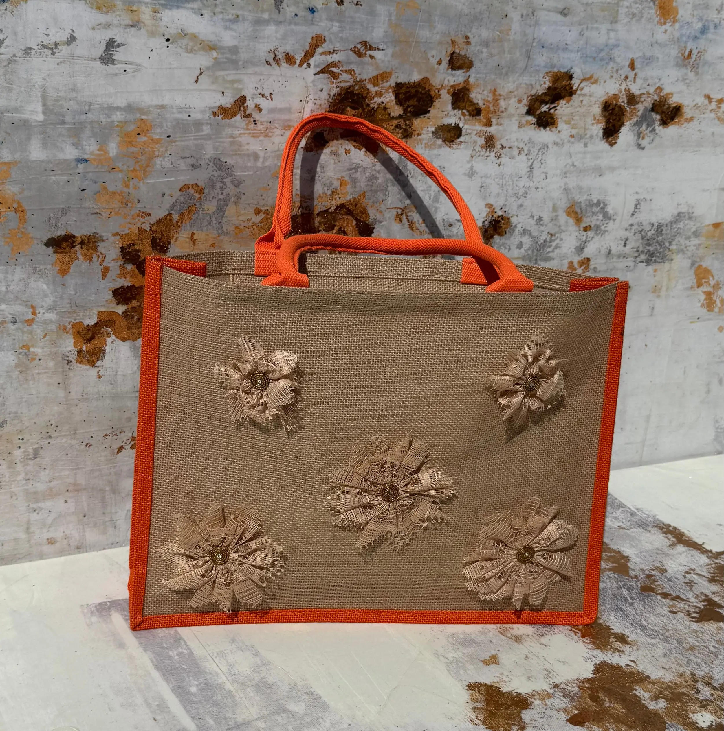 Brazilian Handmade Jute & Golden Grass Tote - Orange Floral