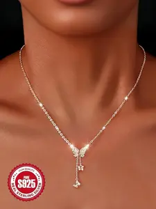 S925 Sterling Silver Butterfly Design Necklace for Women, Elegant Charm Necklace for Party, Daily Decor, Trendy All-match & Exquisite Jewelry for Birthday Gift, Minimalist Pendant Necklace