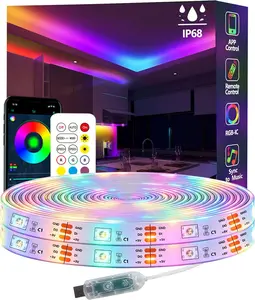 32.8FT Ws2812 RGB+IC LED Strip Lights IP68 Outdoor Waterproof, 5V USB Powered, Music Sync Bluetooth APP/RF Remote Control Lights for Balcony,Deck,Camping,Garden,Bedroom Decor