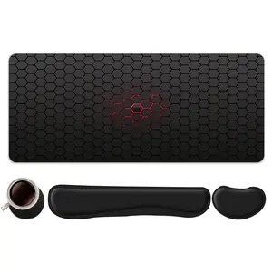 4pcs Black Hexagon with Red Accent Design Mouse Pad + Keyboard Wrist Rest + Ergonomic Mouse Pad + Coaster Set For Desktop Decoration, Office Accessories Set Ergonomic Wrist Support, Computer Mat Mouse Pad Coaster Suitable For Home Office Gaming