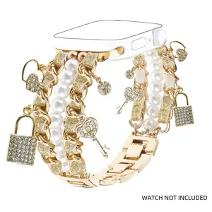 Fashion Pearl Beaded Watch Band, Stylish metallic Cuban Chain with Shiny Lock Key Charms Pendants for iWatch Series 10 9 8 7 6 5 4 3 SE Ultra 2, Wearable, Smart Watch Accessories, Watch Straps