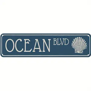 1pc Vintage Ocean Blvd Metal Sign, 4x16 Inches - Rustic Blue Iron Wall Decor with Shell Design for Home, Bar, Cafe, Door, Patio, Garage - Humorous Country Style Plaque, Metal Wall Art Deco, TACO, BAR