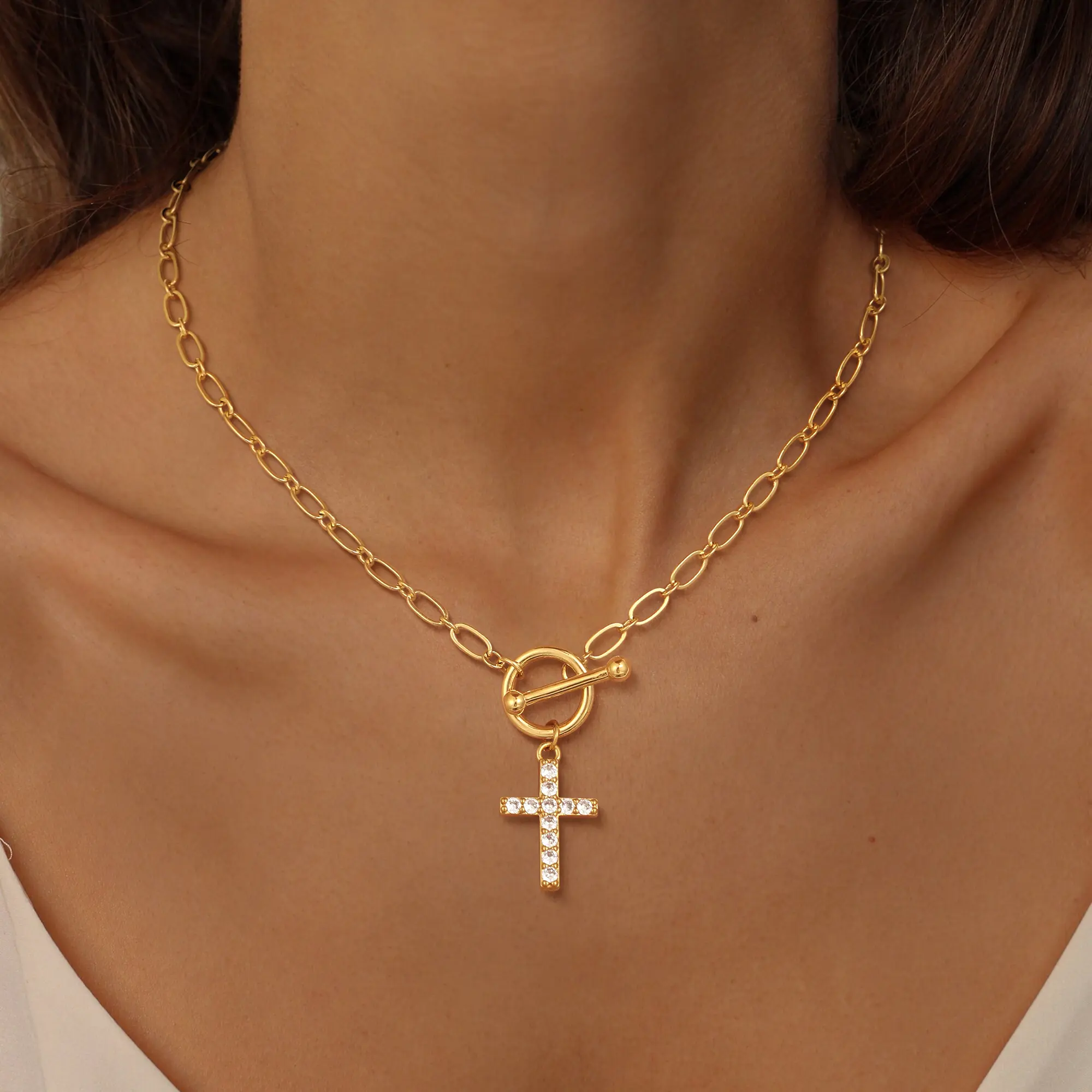 Dearmay Women's Cross Gold Necklace with OT-Clasp, Bead Crucifix Charm, Zircon Pendant, Stylish Accessories for Church Gatherings, Valentine's Day Faith Jewelry Gift