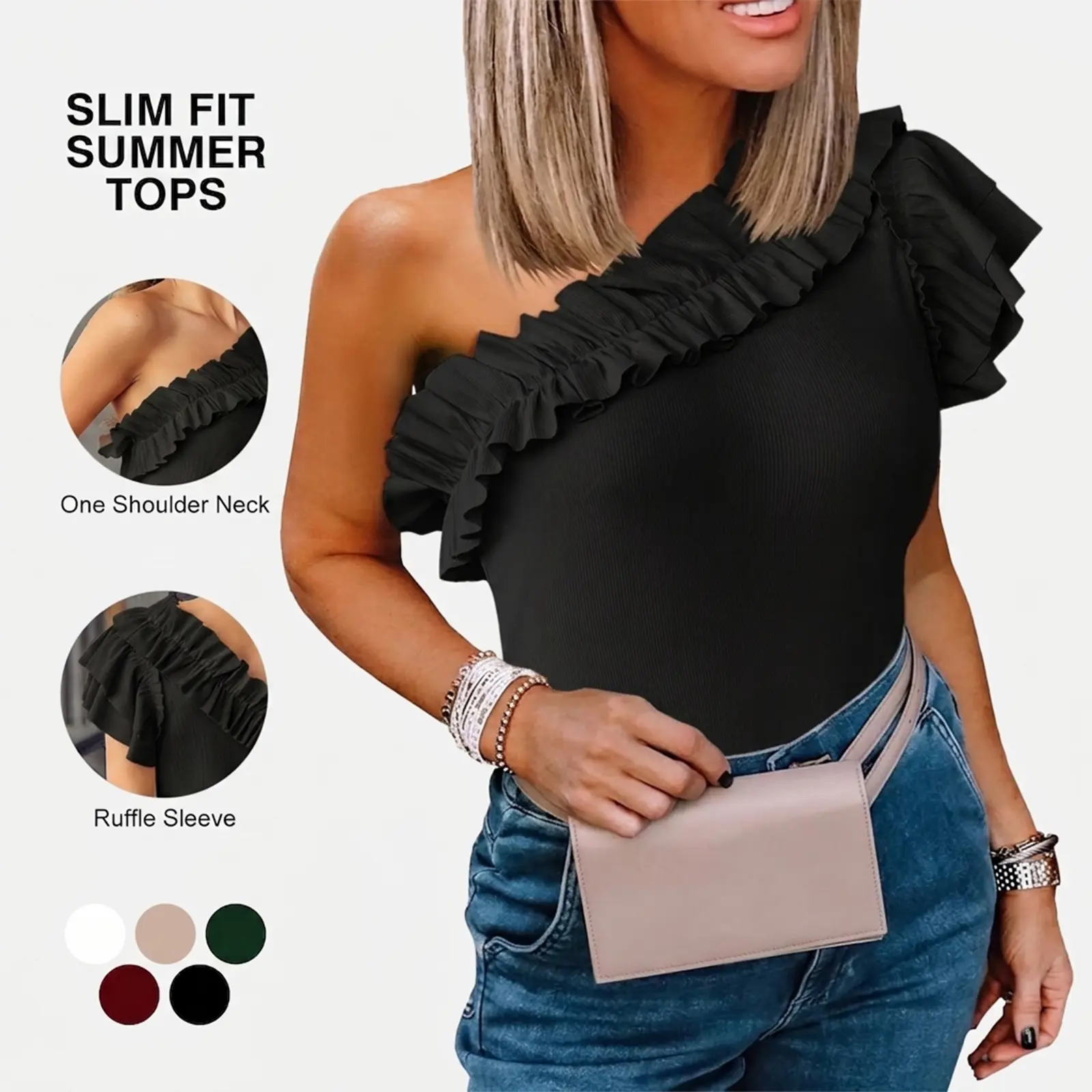 Tankaneo Womens One Shoulder Shirts Ruffle Sleeve Slim Fit Knitted Ribbed Summer Tops