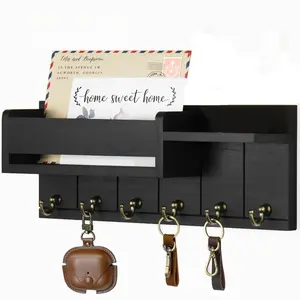 Wall Mounted Key Organizer Storage Holder, 1 Count Wooden Wall Shelf with 6 Key Hooks, Mail Sorter, Home Organizer for Living Room Entrance, Wall Mounted Hanger