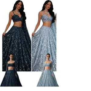 Women's Heavy Sequined Work Lehnga with Corset Style Blouse Shimmer Net Fabric Formal Party Wear Chic Crop Top & Net Jacket Set for Weddings & Lavish Parties