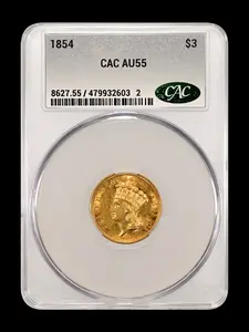 1854 Three Dollar Gold AU 55 CAC