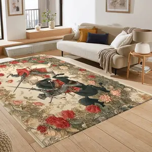 Vintage Medieval Knight Rose Rug, European Classical Horse Duel Pattern, Living Room Sofa Blanket, Bedroom Bedside Decorative Throw