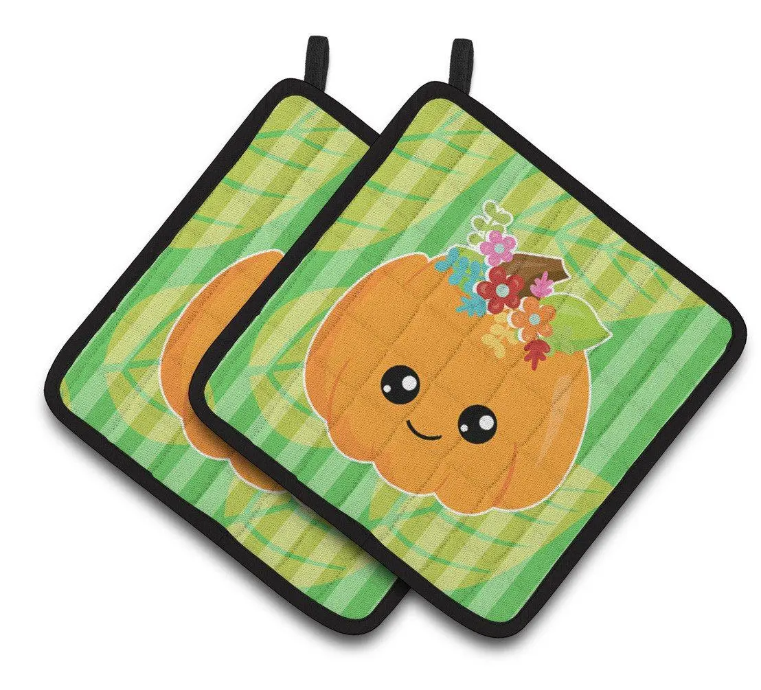 7 1/2 Inches Durable Hanging Polyester Thick Fabric Colorful Insulated Pumpkin Fall 2-Piece Pot Holders, Kitchenware Accessory BB6796PTHD