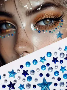119pcs Y2K Punk Style Blue Star Sticker Studs, Reusable Acrylic Tattoos for Lips Ears Nose & Eyes, Glittery Star & Bead Design