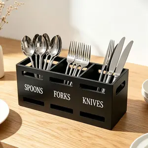 Wooden Utensil Holder, Country Tableware And Cutlery Rack, Black Party Fork Knife Spoon Organizer with 2pcs Handles, for Party Restaurant Forks, Spoons, Farmhouse Kitchen Tableware, Basket Countertop