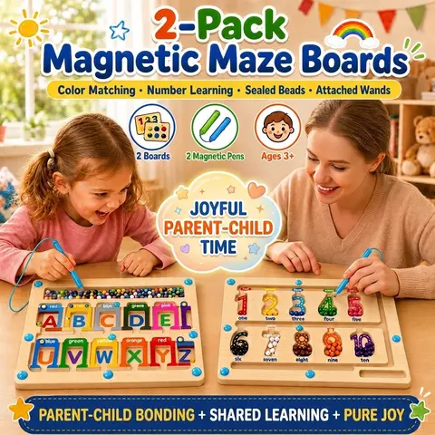 VVINCA 2-Piece Wooden Magnetic Maze Montessori Busy Board - Sealed Magnetic Beads, Color Counting, Number Learning, Attached Wand, Ages 3+, Travel/Outdoor Fun Kids Toy for Boys, Birthdays/Holidays Reward Gift for Preschoolers