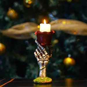 Romantic Rose Candle Holder Night Light Decor, Skull Hand Rose Ambient Lamp, Creative Halloween Gift Resin Decoration