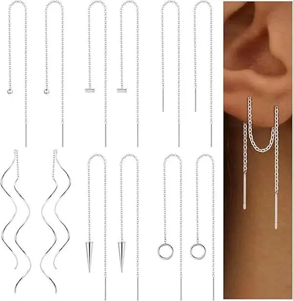 ORAZIO 6 Pairs Stainless Steel Chain Tassel Earrings for Women Lightweight Wave Threader Ball Dangle Drop Minimalist Hypoallergenic Jewelry Set