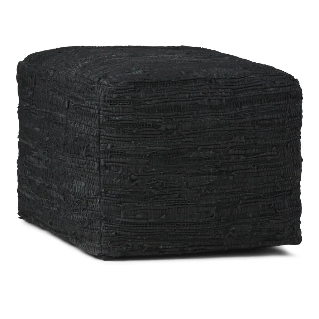 Black Leather Small Square 360-Degree Rotating Pouf Ottoman - 14x18x18 in Upholstered Stool, Soft Padded Footstool, Indoor Living Room Furniture Lounge