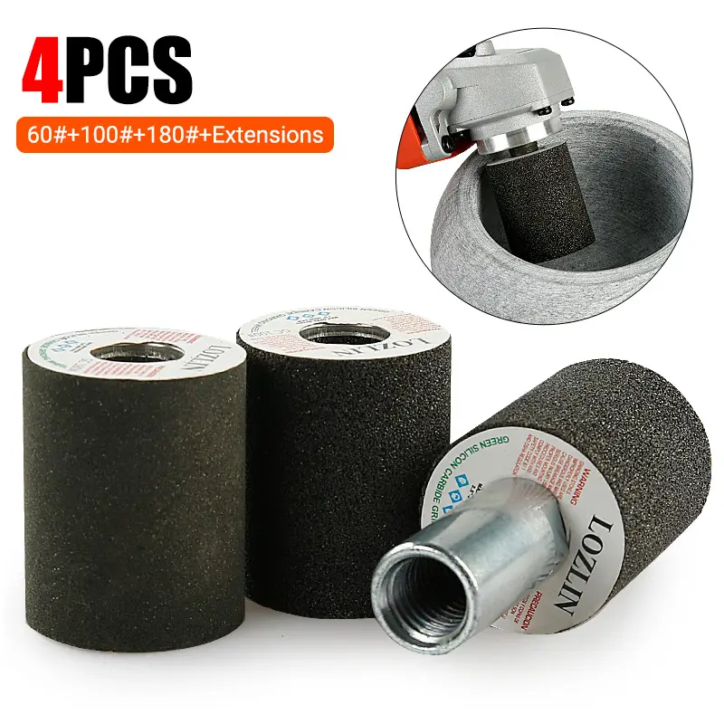 LOZLIN 4PCS Diamond Grinding Wheel Kit - 60# 100# 180# Grit - Green Silicon Carbide Abrasives - Heavy Duty Cylindrical Wheels for Marble Granite & Cobblestone Planters outdoorfun