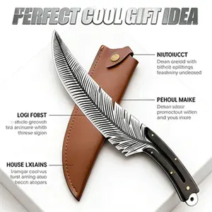 A high-quality stainless steel chef’s knife with a feather-grain texture, featuring a sharp blade firmly connected to a wooden handle and a curved design—ideal for everyday food preparation tasks in the kitchen.