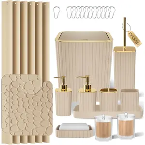 Bathroom Accessory Set - 25-piece bathroom set, including shower curtain and rug, beige bathroom accessories, equipped with trash can, soap dispenser, soap dish, and toilet brush
