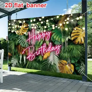 Tropical Plant Background Banner, Aloha Palm Leaves Birthday Backdrop, Neon Forest Design, Polyester Material, Party Decorations